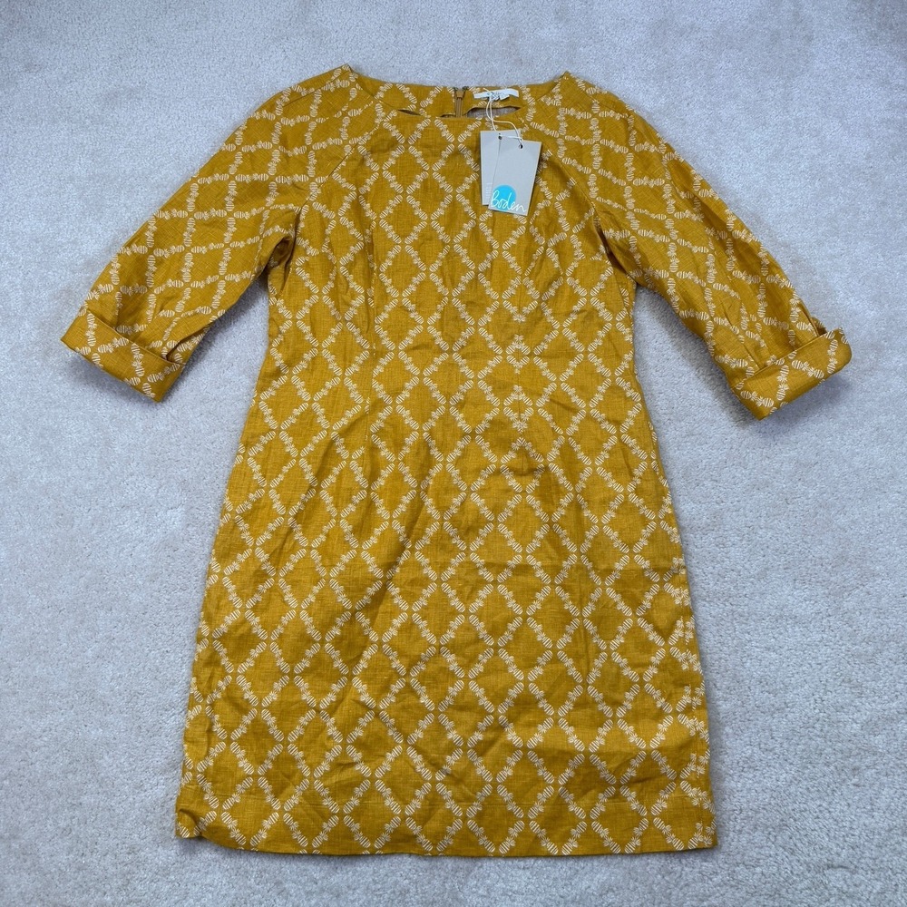 NWT Boden Kate Linen Dress Womens 10 Dijon Yellow Pineapple Lattice 3/4 Sleeve